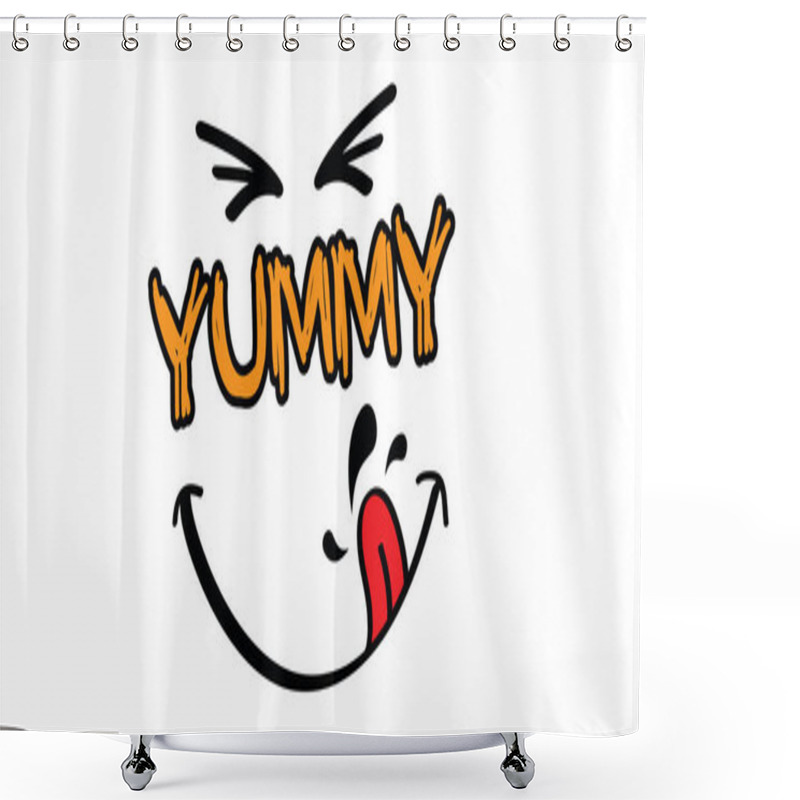 Personality  Cartoon, Comic Yummy Smile And Tongue Or Lick. Happy World Smile Day, Big Smiling. Fun Comic Thoughts Emotion Symbol. Vector Laugh Sign. Llcking Lips Icon Or Pictogram Shower Curtains