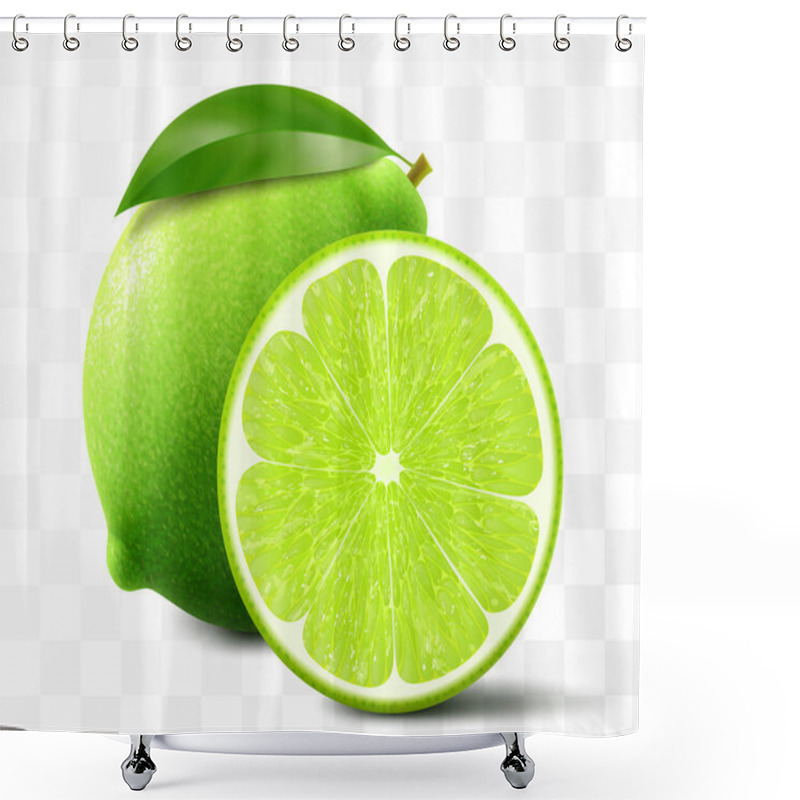 Personality  Green Lime Isolated On Transparent Background. Whole Lime And Slice Of Fruit, Vibrant Tropical Plant, Its Textured Shiny Skin Concealing Zesty Citric Pulp Within. Realistic 3d Vector Illustration. Shower Curtains