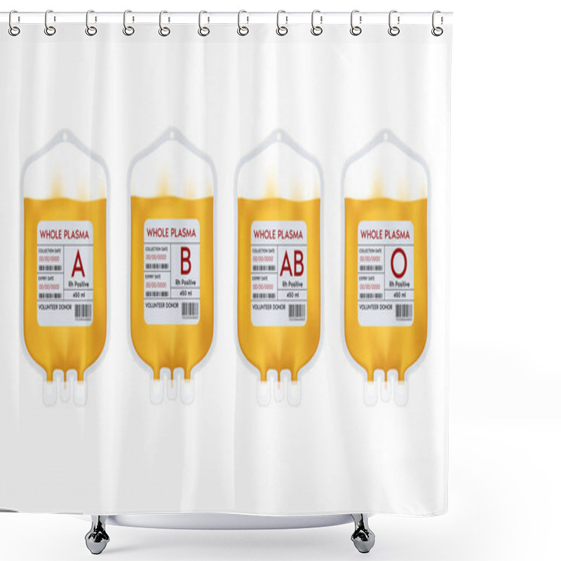 Personality  Plasma Blood Bag With Label Different Plasma Group A, B, O And Rh System. Plasma Donation Ideas To Help The Injured Medical. 3D Vector EPS10 Illustration Shower Curtains