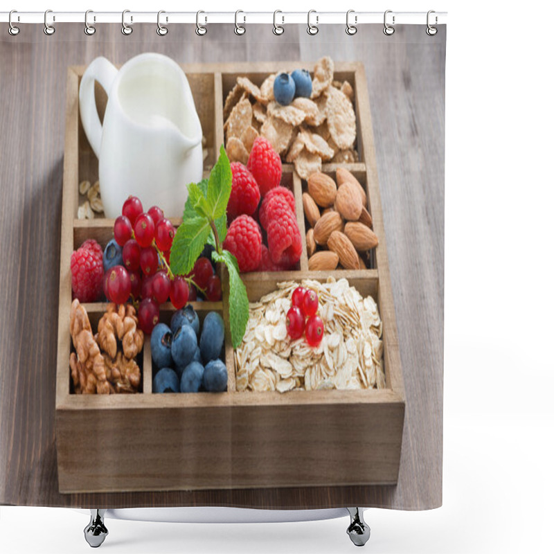 Personality  Wooden Box With Breakfast Items - Oatmeal, Granola, Nuts Shower Curtains