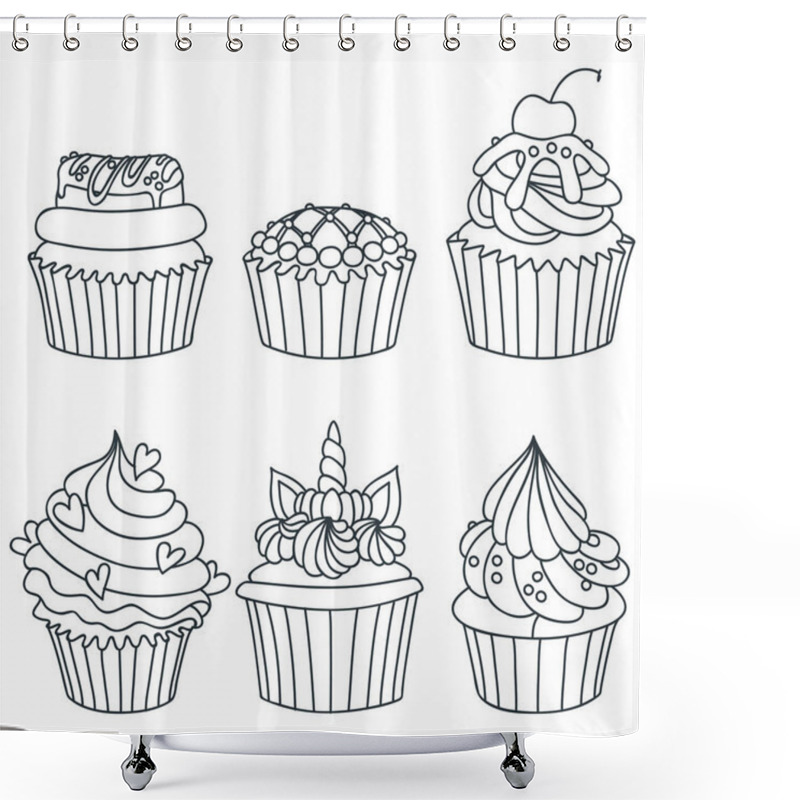 Personality  Set Of Cupcakes. Black-n-white Hand Drawn Illustration Of Cupcakes Decorated With Cream, Donut, Cherry And Hearts. Isolated On White Background. Vector 8 EPS. Shower Curtains