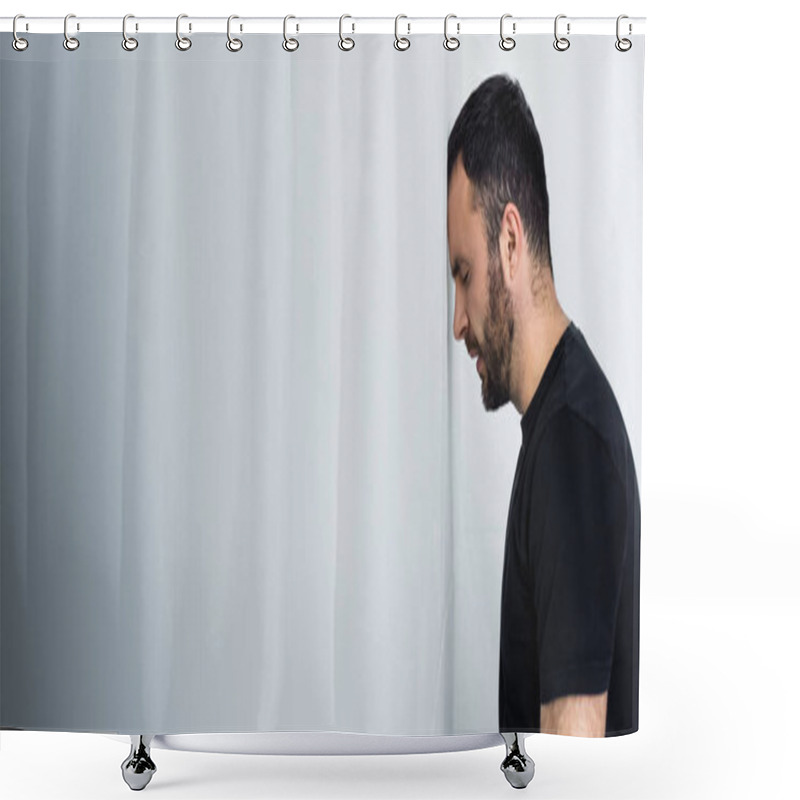 Personality  Panoramic Shot Of Depressed Bearded Man Standing By White Wall With Closed Eyes Shower Curtains