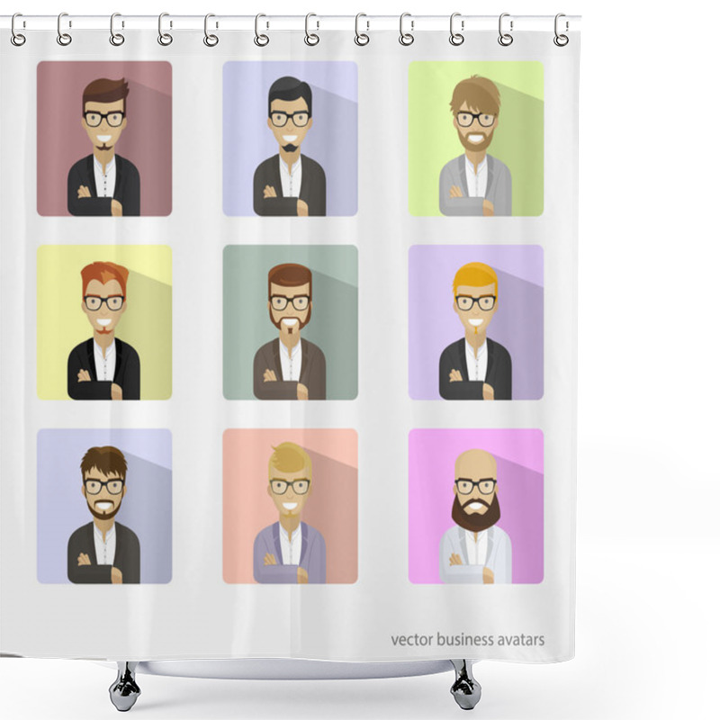 Personality  Set Business Avatars, Profile Pictures Flat Icons. Trendy Beards, Glasses. Shower Curtains