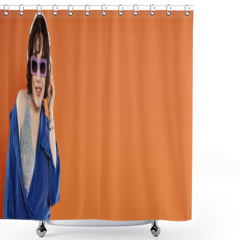 Personality  A Woman In A Blue Shirt And Sparkling Top Adjusts Her Headphones. Shower Curtains