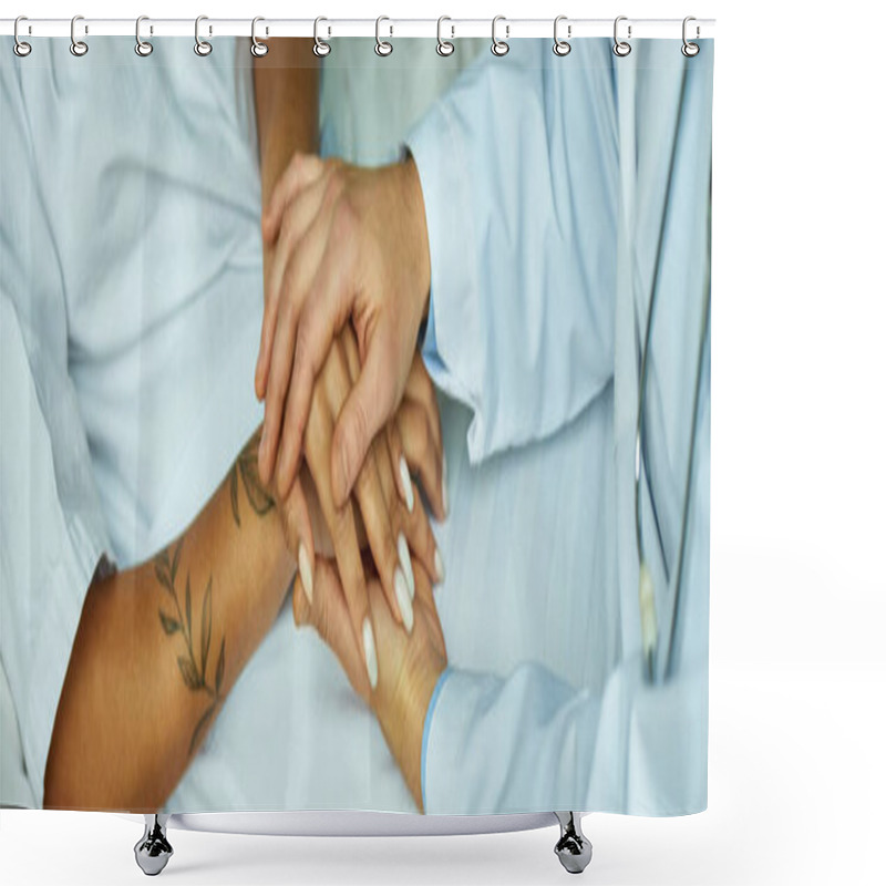 Personality  Crop, Doctor In White Coat Holding Hand Of African American Woman, Private Ward, Miscarriage, Banner Shower Curtains