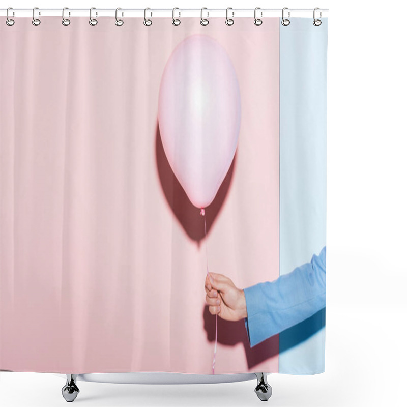 Personality  Cropped View Of Man Holding Balloon On Blue And Pink Background  Shower Curtains