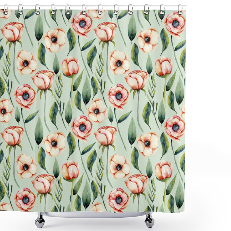 Personality  Watercolor Coral Anemone Flowers And Green Leaves Seamless Pattern, Hand Painted On A Green Background Shower Curtains