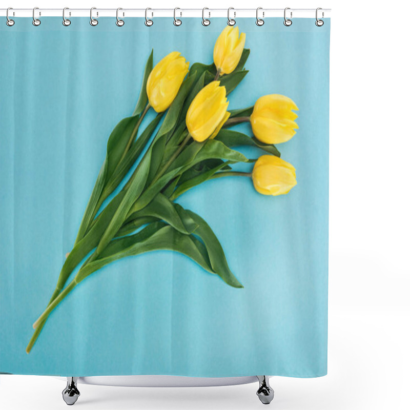 Personality  Top View Of Bouquet With Yellow Spring Tulips Isolated On Blue For 8 March Shower Curtains