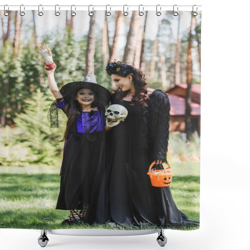 Personality  Excited Girl In Witch Halloween Costume Holding Toy Hand And Skull Near Mom  Shower Curtains