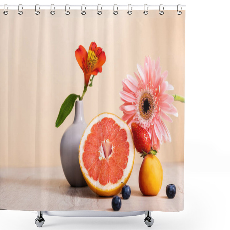 Personality  Floral And Fruit Composition With Alstroemeria, Gerbera, Berries, Grapefruit And Apricot On Wooden Surface Isolated On Beige Shower Curtains