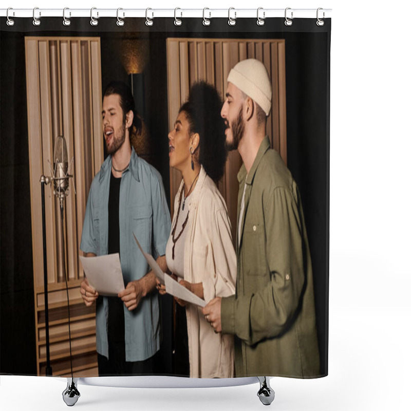 Personality  Three Individuals Passionately Sing In A Recording Studio During A Music Band Rehearsal. Shower Curtains