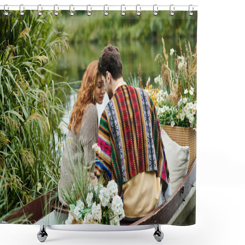 Personality  A Man And Woman Dressed In Boho Style Clothes Drift In A Boat Adorned With Flowers Through A Lush Green Park. Shower Curtains