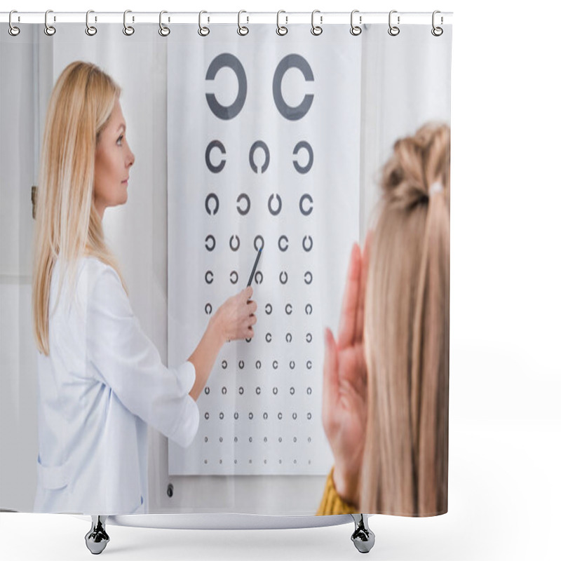 Personality  Patient And Optician Doing Eye Test With Eye Chart In Clinic Shower Curtains