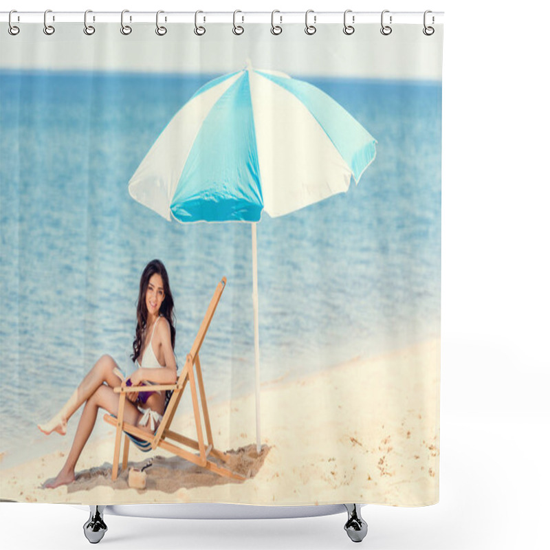 Personality  Attractive Girl In White Bikini With Book On Beach Chair Under Sun Umbrella Near The Sea Shower Curtains