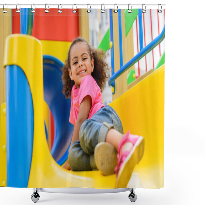 Personality  Happy African American Little Kid Sliding Down From Hill At Playground  Shower Curtains