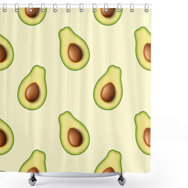 Personality  Seamless Pattern Of Realistic Green Avocado For Healthy Eating. 3d Render. Sliced Avocado In Half With Pip. Vector Illustration Isolated On White Background. Shower Curtains