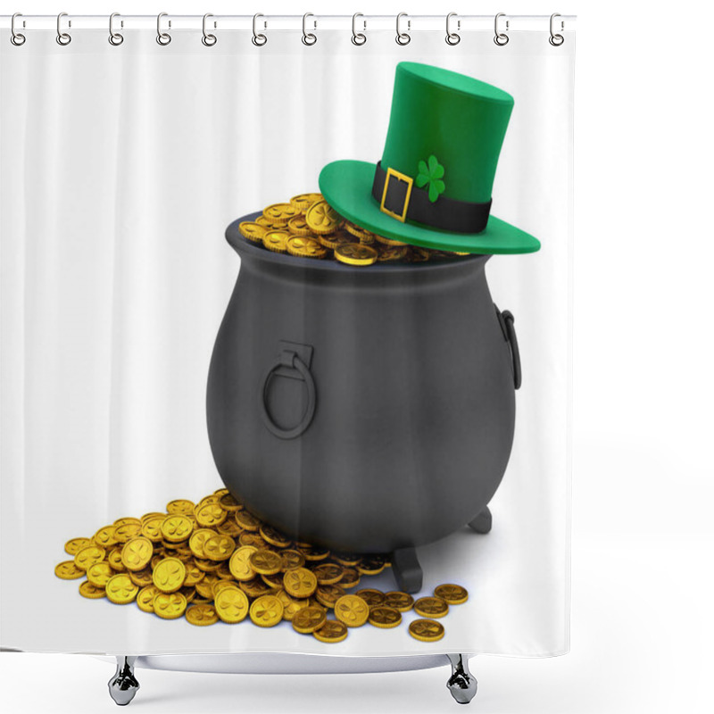 Personality  St. Patricks Day. Green Leprechaun Hat With Clover And Treasure Pot Full Of Gold Coins. Isolated On White Background. 3d Render Shower Curtains