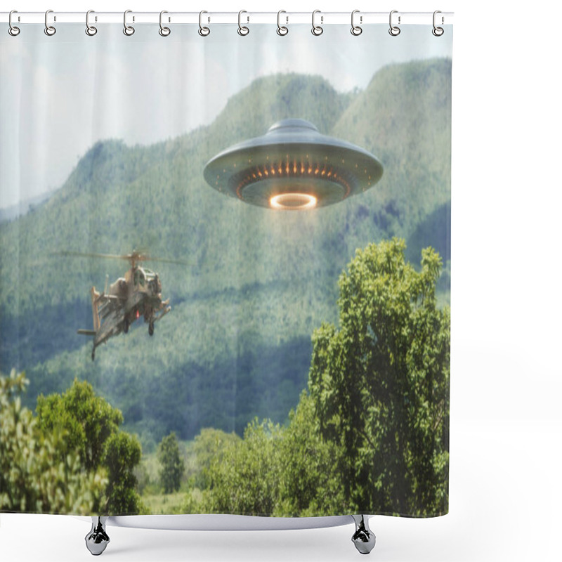 Personality  Worlds War. Military Helicopter Intercepting An Unidentified Flying Object. Concept Image Of Non-pacific Invasion Of Beings From Other Planets. Shower Curtains