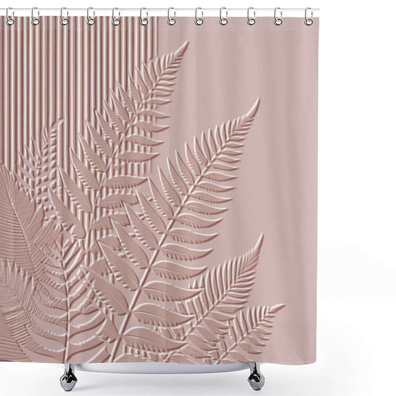 Personality  Embossed Fern Leaves 3d Striped Tropical Pattern. Beautiful Floral Relief Background. Textured Pink Vector Backdrop. Surface Emboss Leaves. 3d Modern Ornaments With Embossing Effect. Leafy Texture. Shower Curtains