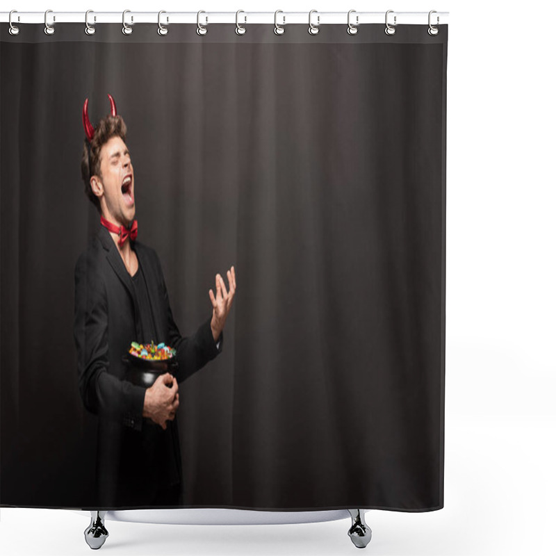 Personality  Handsome Scary Man In Devil Costume Holding Pot With Candies On Black Shower Curtains