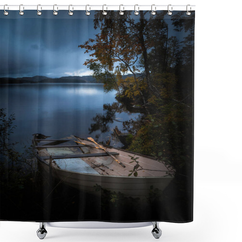 Personality  Wooden Boat By The Lake Shore, Norway, Beautiful Autumn Time, Calm Water. Old Paddle Boat In Autumnal Scenery. Shower Curtains