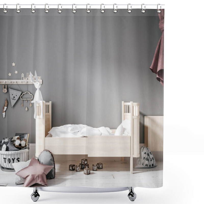 Personality  Contemporary Children Room, Wall Frame Mockup, 3d Render Shower Curtains