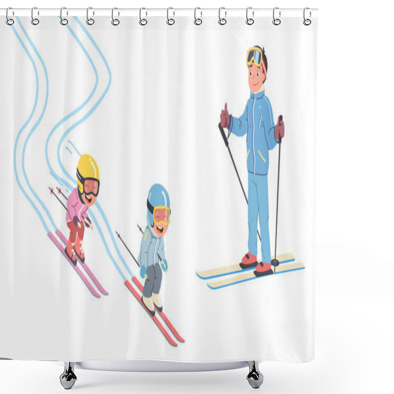 Personality  Father, Daughter, Son Kids Skiing On Snowy Slopes Shower Curtains