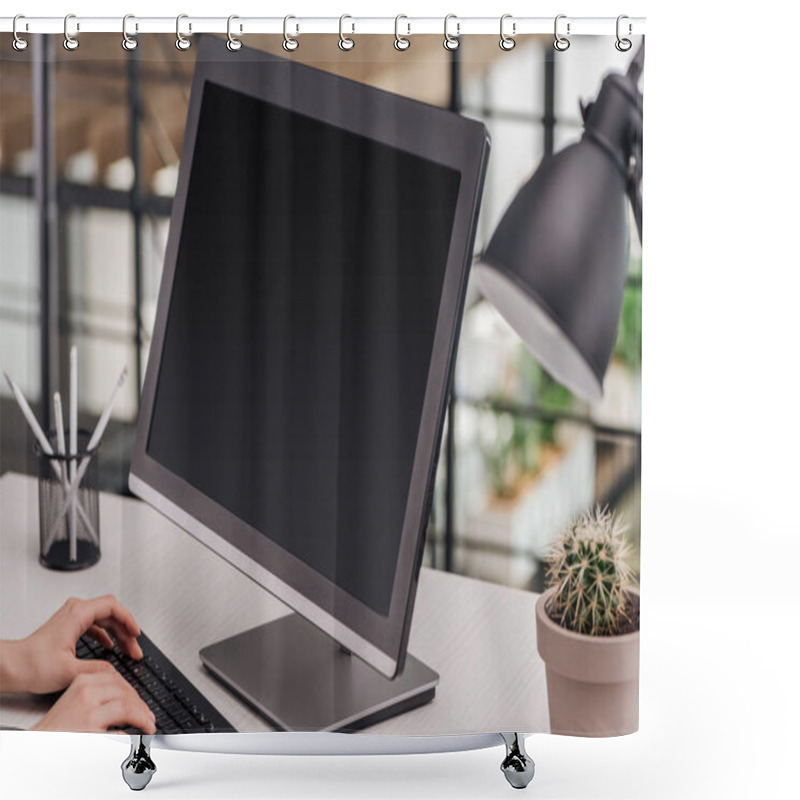 Personality  Cropped View Of Woman Typing On Computer Keyboard At Workplace Shower Curtains