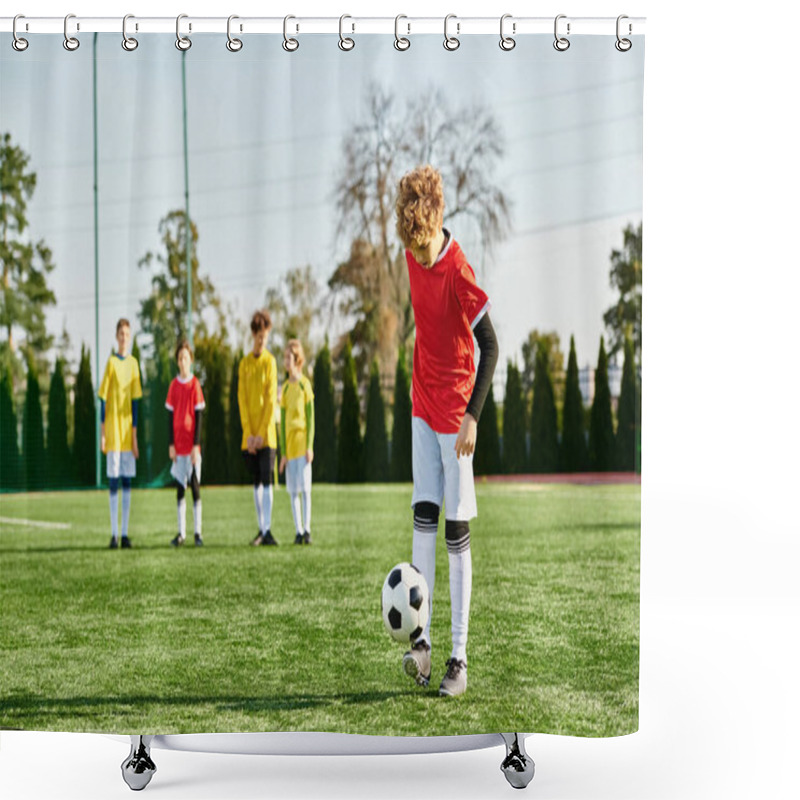 Personality  A Group Of Young Men Stands Proudly On The Soccer Field, Their Silhouettes Illuminated By The Setting Sun As They Celebrate Their Victory. Shower Curtains