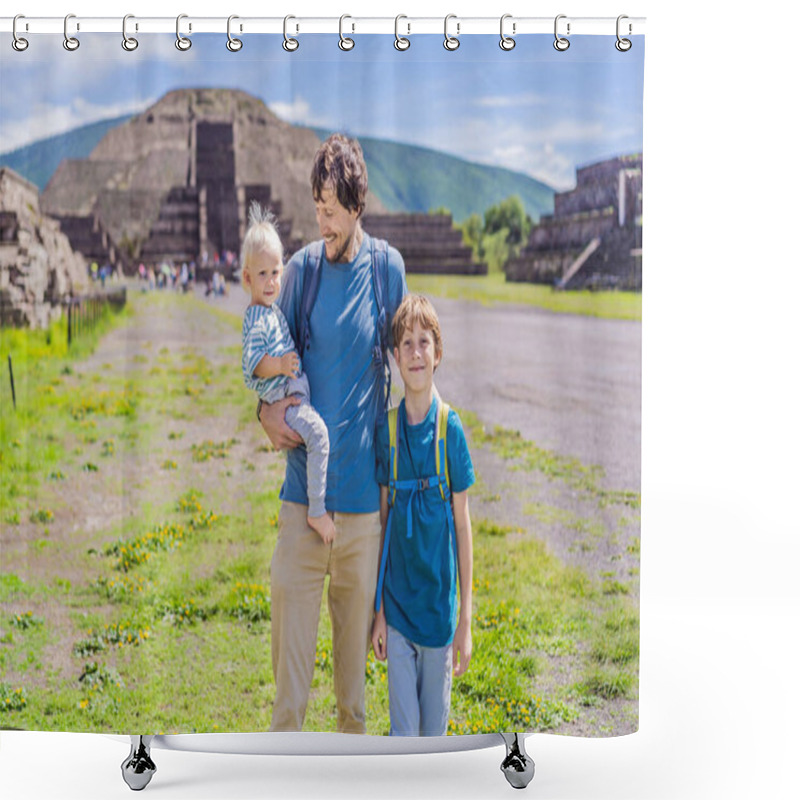 Personality  Father With His Toddler And Teenage Sons Exploring Teotihuacan, Mexico. Cultural Heritage, Ancient Ruins, And Archaeological Adventure Concept. Shower Curtains