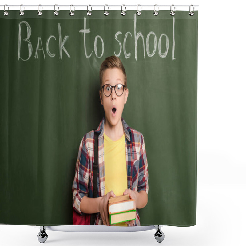 Personality  Shocked Schoolboy With Books Standing Near Chalkboard With Back To School Lettering Shower Curtains