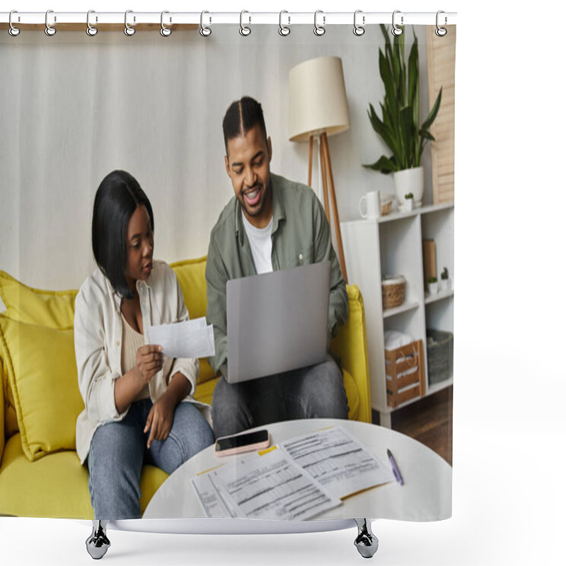 Personality  African American Couple On Yellow Couch Plan Finances & Future. Shower Curtains