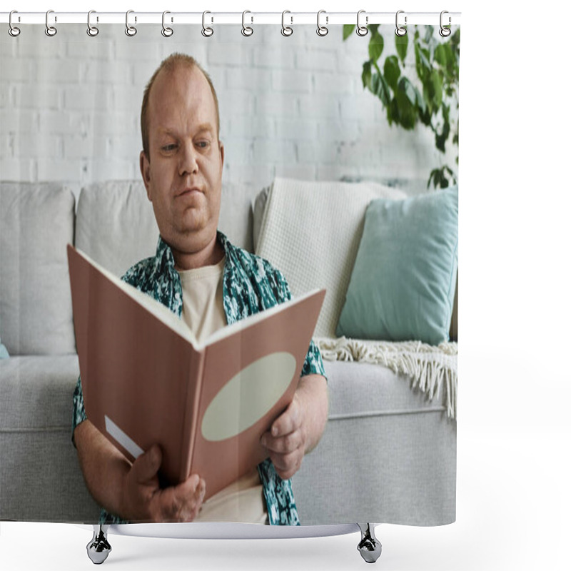 Personality  A Man With Inclusivity Sits On A Couch, Engrossed In A Book, In A Living Room Setting. Shower Curtains