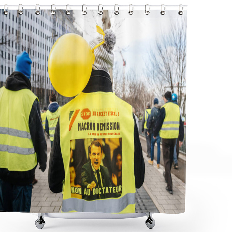 Personality  People Demonstrating Marching With Placards During Protest Of Gilets Jaunes Shower Curtains