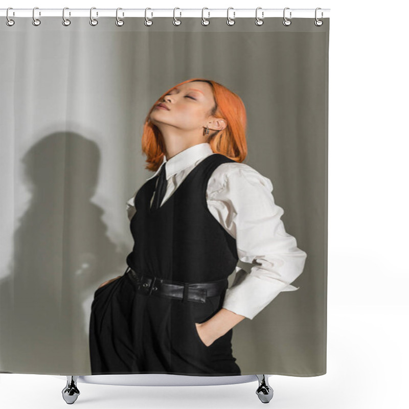 Personality  Sensual And Trendy Asian Woman With Dyed Red Hair, Closed Eyes And Hands In Pockets Posing In White Shirt, Black Vest, Pants And Tie On Grey Shaded Background, Casual Business Fashion Shower Curtains