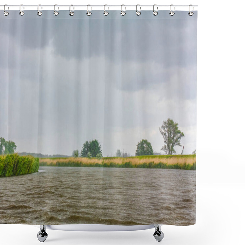 Personality  Heavy Rain Thunderstorm Storm Clouds Wind In Forest Trees And Water Waves Of Oste River In Hemmoor Hechthausen Cuxhaven Lower Saxony Germany. Shower Curtains