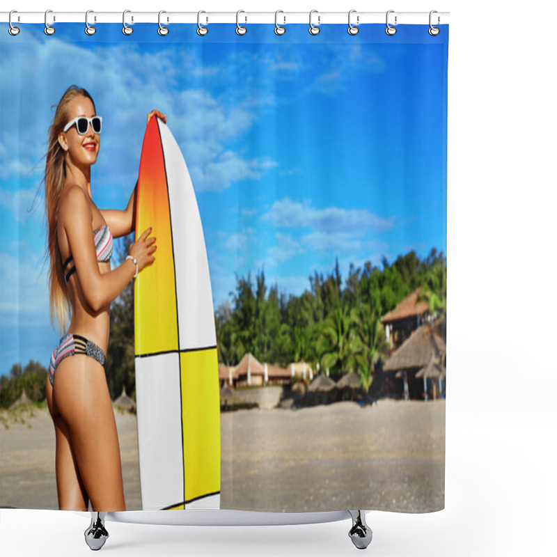 Personality  Summer Fun. Leisure Sporting Activity. Surfing. Woman With Surfboard Shower Curtains