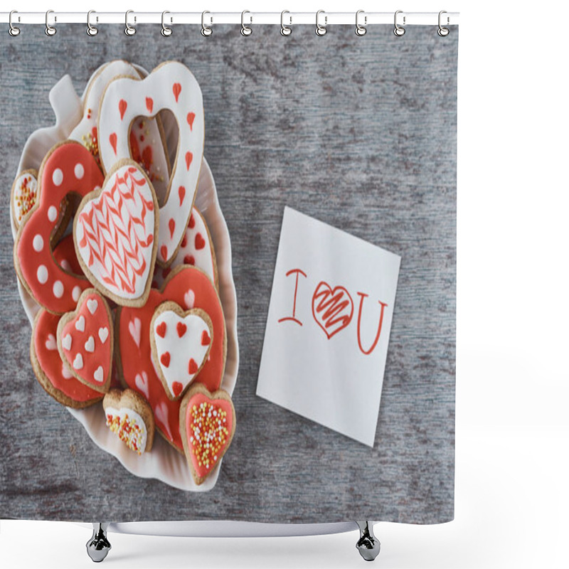 Personality  Decorated Heart Shape Cookies And Paper Sheet With Inscription I Love You On The Gray Background. Valentines Day Concept Shower Curtains