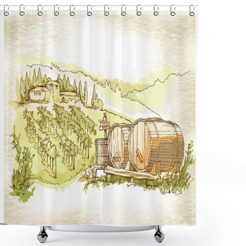 Personality  Hand Made Sketch Grape Fields And Vineyards. Shower Curtains