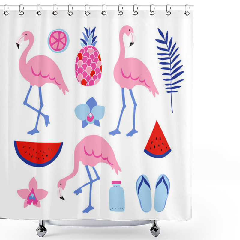 Personality  Summer Tropical Graphic Elements. Flamingo Birds. Jungle Floral Illustrations, Palm Leaves, Orchid Flowers, Pineapple,watermelon Shower Curtains