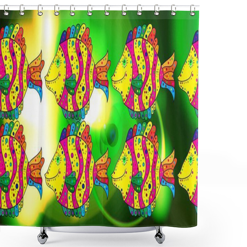 Personality  Raster. Cute Marine On Green, Yellow, Magenta Fishes. Abstract Template. Sketch Sea Travel, Underwater Diving Animal - Tropical Fish. Raster. Elegant Modern Style, Green, Yellow And Magenta Background Shower Curtains