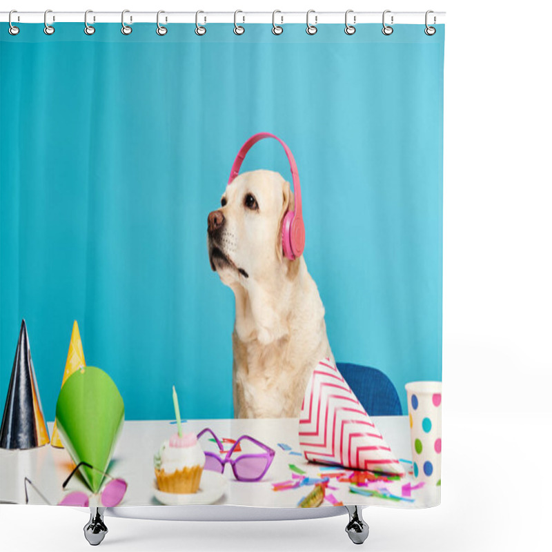 Personality  A Dog Wearing Headphones Sitting At A Table. Shower Curtains