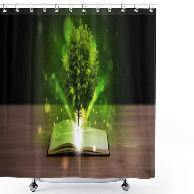 Personality  Open Book With Magical Green Tree And Rays Of Light Shower Curtains