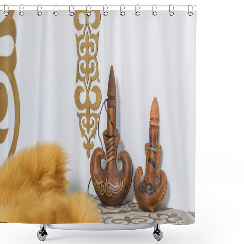 Personality  Kazakh National Subjects. Gold Ornaments On The White Walls. Sheep Skin Decorative.  Leather Container For Storing Drinks. Kazakh Medieval Shield. Wooden Chest With Patterns. Shower Curtains