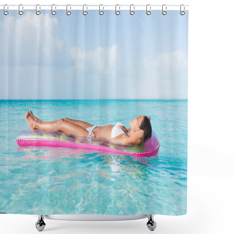 Personality  Beach Woman Relaxing Sunbathing Floating On Ocean Shower Curtains