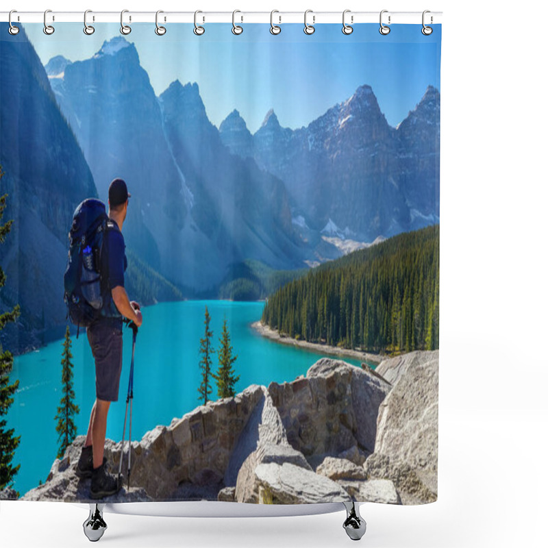 Personality  Moraine Lake Rockpile Trail In Summer Sunny Day Morning, Tourists Enjoying The Beautiful Scenery. Banff National Park, Canadian Rockies, Alberta, Canada. Shower Curtains