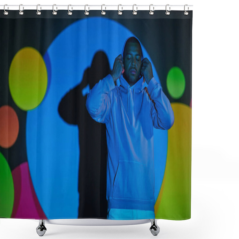 Personality  Handsome Man Putting On Hood With Closed Eyes In Digital Projector Lights, Fashion Concept Shower Curtains