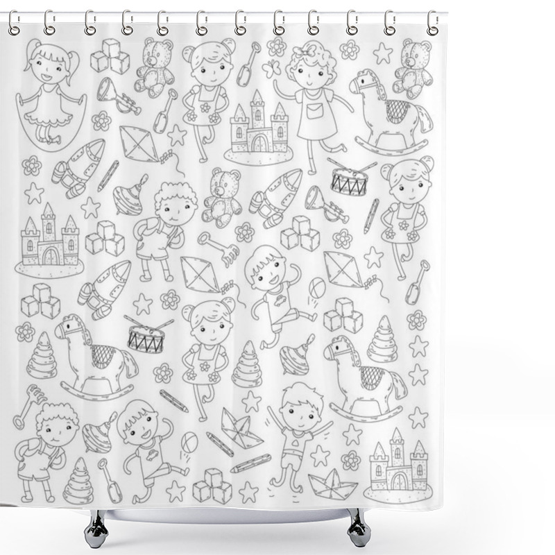 Personality  Kindergarten Nursery Preschool School Education With Children Doodle Pattern Kids Play And Study Boys And Girls Kids Drawing Icons Space, Adventure, Exploration, Imagination Concept Shower Curtains