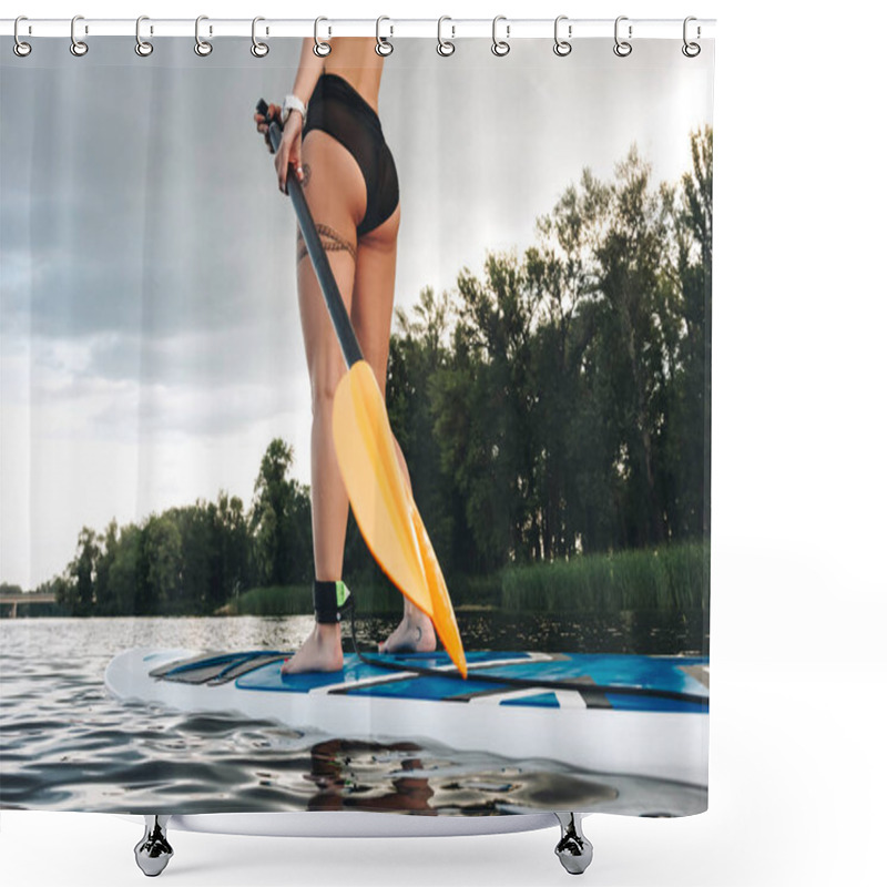 Personality  Cropped View Of Tattooed Girl Standing On Paddle Board On Water Shower Curtains