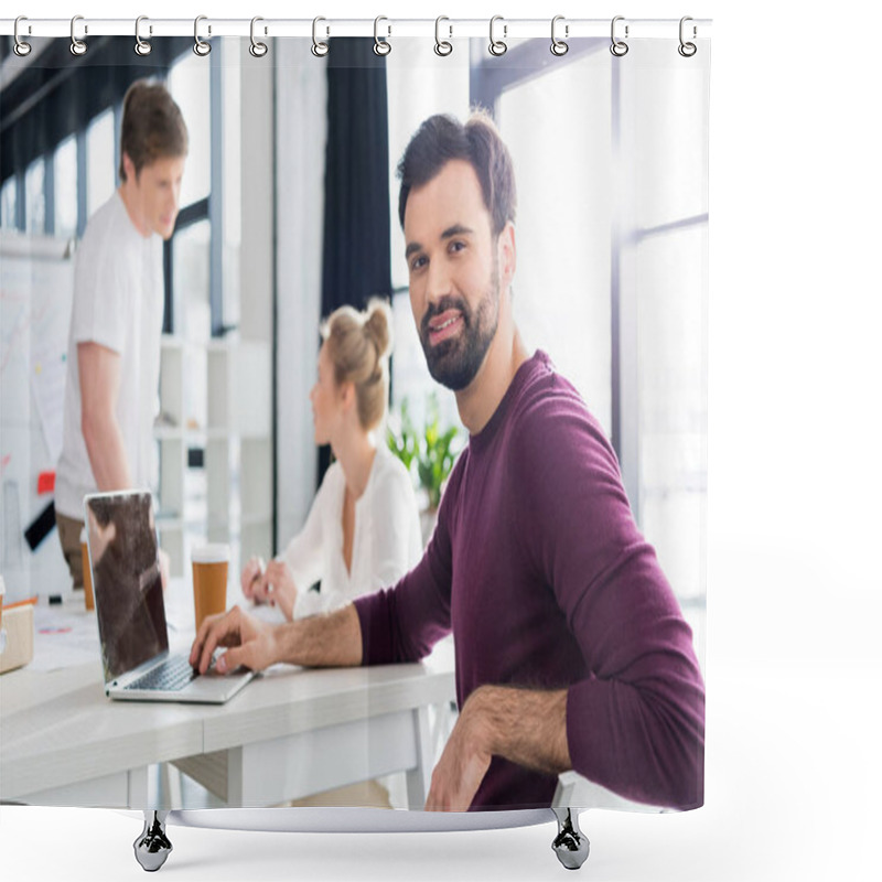 Personality  Businessman Working With Laptop  Shower Curtains